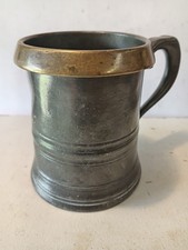 Antique pewter tankard with brass rim one pint vr268 vg