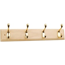 4 Coat Hook Wooden Rail Polished Brass Hooks with Screws - 40cm 4 hooks - Dale
