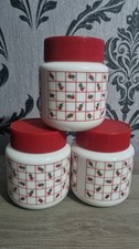 Vintage CLP Milk Glass Canisters 3 Storage jars Red Green chequer Retro Kitchen