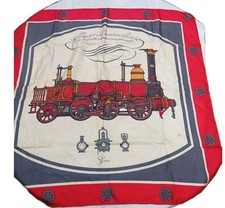 VINTAGE GUCCI 'MACHINE LOCOMOTIVE' WOMENS SILK SCARF RED BLUE HAND ROLLED 