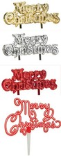 Merry Christmas Xmas Cake Decorations Picks & Toppers red silver gold & wavy