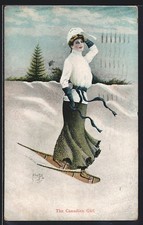 Artist Postcard The Canadian Winter Girl, Winter Sportswoman Running on Snowshoes 
