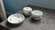 ROYAL WORCESTER PORCELAIN STRAWBERRY FAIR PATTERN JAM POT SUGER BOWL & DISH