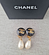 Authentic CHANEL Black Oval Pearl Drop CC Logo Clip-On Earrings w/ Box
