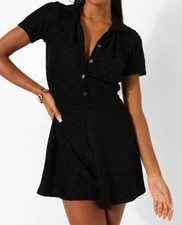 Boohoo Black Towelling Playsuit UK 14 Button Up Short Sleeve Collared Romper