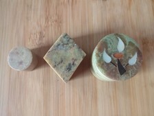 Three Small Soapstone Trinket Boxes; Tiny, Diamond and Small with shell Inlay.