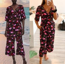 Zara Black Pink Red Floral Wide Leg Culotte Cropped Wrap Jumpsuit size M 10 12