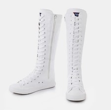 Womens Girls Lace Up Canvas Boots Zip Flat Knee High Sneakers Dress Dance Shoes