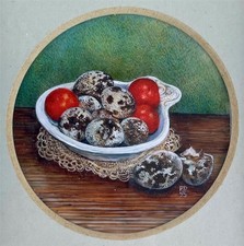 PAULINE DENYER DES Miniature Watercolour Painting QUAIL EGGS & CHERRY TOMATOES