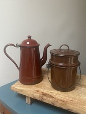 Vintage enamelware Coffee Pot & items Milk can Brown Rustic Farmhouse Kitchen