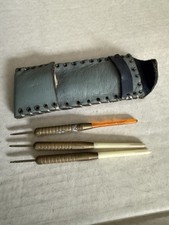 Vintage Brass Barrel Steel Tip Darts Set in Blue Laced Leather Pouch/Case