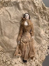 Antique Small Mignonette 8" Porcelain Head Doll Glossy Molded Hair Silk Dress