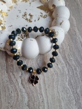 Shamrock Charm Bracelet Black And Gold Crystal Glass Beads 