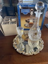 H Samuel Crystal Sherry Set On Silver Plated Chippendale Tray