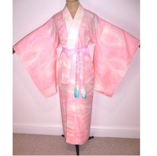 VINTAGE, PINK, FIGURED FAUX SILK, JAPANESE, HOUMONGI, JUBAN UNDER KIMONO + BELT