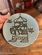 Vintage Mid-Century Blue Plate with Viking King Folk Art Figure - Scandinavian?