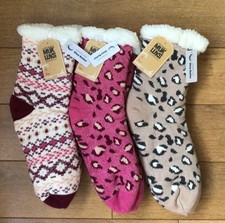 MUk LUKS 3 x Shea Butter Infused  Slipper Socks UK L/XL 6 - 8.5 Pink/Taupe Mix