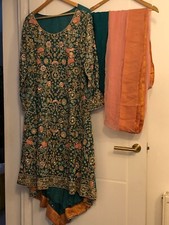 Pakistani chiffon 3-piece, aqua, heavily embroidered, dipped hem dress - large