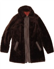 VINTAGE Womens Faux Fur Overcoat UK 12 Medium Brown BS11