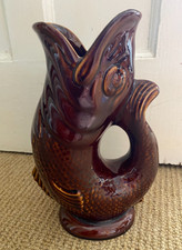 Vintage Dartmouth Pottery Devon Brown Gluggle Jug  Large Fish Pitcher Vase 23cm