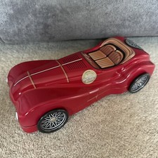 EMPTY VINTAGE STYLE SPORTS CAR SHAPED SHORTBREAD BISCUIT TIN WITH MOVING WHEELS