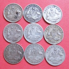A collection of 9 different dated Australian threepence coins - 1910-36