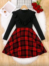 SHEIN Tween Girls Red Black Christmas Long Sleeve Plaid Tartan Dress 9 Years