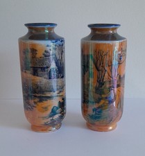 Pair of Vintage Small Shelley Orange Lustre Vases, Cottage & Countryside Scenes