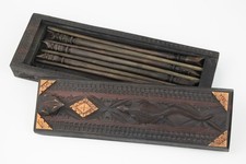 Vintage Hand Carved Wooden Frog & Lizard Sliding Lid Trinket Box w/8 Chopsticks