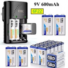 EBL 9V 600mAh Rechargeable Batteries and UK Plug Charger, 9V PP3 Lithium-ion