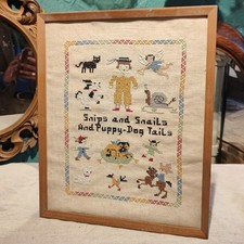 Vintage Nursery Boys Sampler Antique Embroidery Framed Cross Stitch Tapestry V