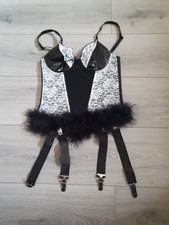 BNWOT Black PVC White Lace & Marabou Basque Size 8-10 