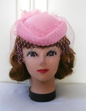Vintage 1980's Light Pink Pill-Box Hat with Russian Veil & Feather Plume Trim