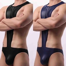 Men Underwear Imitation Leather Singlet Wrestling Suit Solid Color Jumpsuit