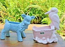 VINTAGE HAEGER PINK PELICAN CRADLE & Blue Sheep Vase US Pottery