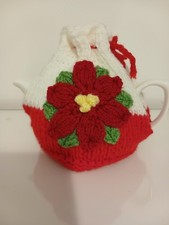 Hand knitted tea cosy. Red &