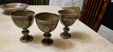 Wonderful Set Of 3 Studio Pottery Green Glazed Wine Goblets Flower Mark Unknown 