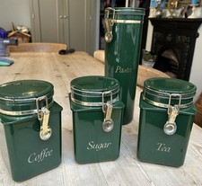 Vintage 1980s Set of 4 dark Green & Gold Tea, Sugar &Coffee pasta Canisters VGC