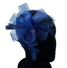 Ladies Navy Blue Feather Comb Fascinator Weddings Races Royal Ascot Hair Piece