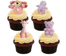 Baby Shower Girl, Edible Cup Cake Toppers Stand-up Christening Decorations Pink