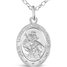 Oval Sterling Silver St Christopher Pendant Necklace with 18" chain and Gift box