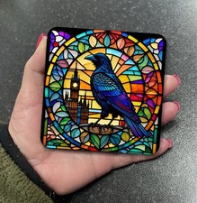 Stunning Black Raven Crow Bird Stained Glass Effect Square Coaster Coffee Gift