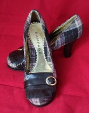 RAMPAGE JAZPER SHOES 5 BROWN TARTAN CHECKED KITTEN HEELS BUCKLE FRONT SLIP ON