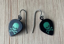 Skull and Crossbones Pirate Gothic Punk Hook Dangle Earrings Black & Green