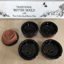 Studio Pottery Butter Stamp Mould & 4 Butter Pat Pots Stoneware Daisy Design