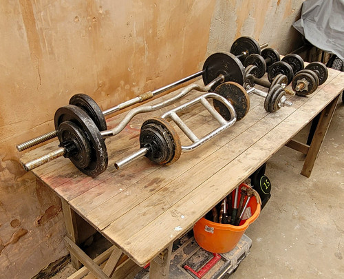 Weights and bench barbell - and,