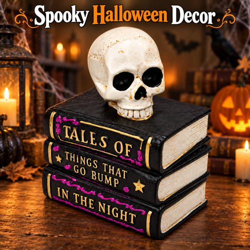 Halloween skull stacked books - skull,