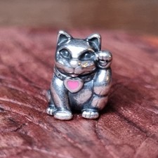 Genuine Pandora Lucky Waving Cat Heart Charm ALE 925 #790989EN05