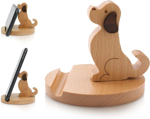 Wooden cell phone stand dog - phone,