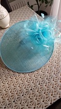 Wedding Formal Hat Turquoise Sinamay Straw Hat with Feathers Ribbon and Bow trim